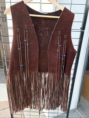 Brown Suede Fringe Vest with Blue Bead Accents